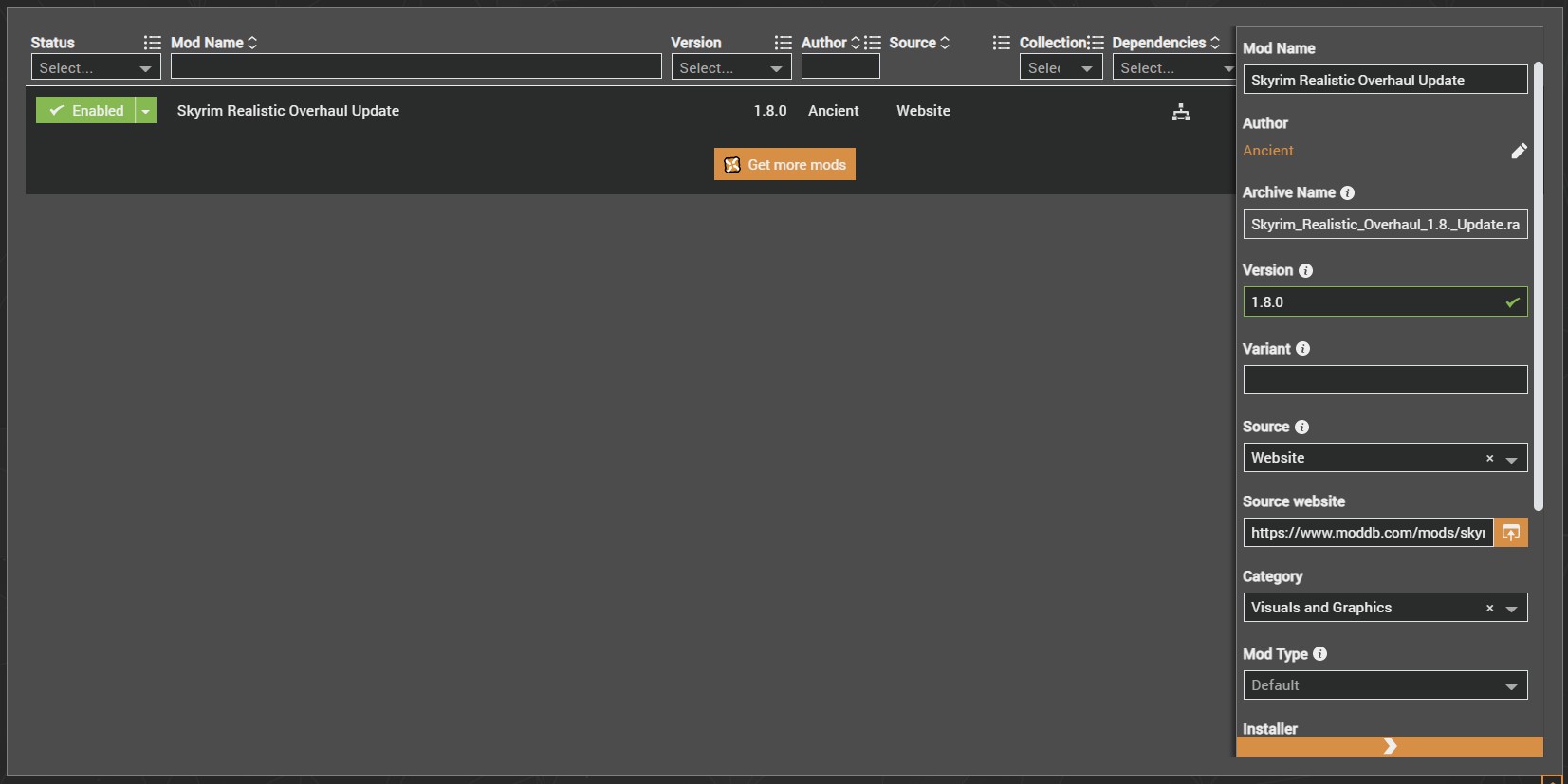 An off-site mod installed with metadata included